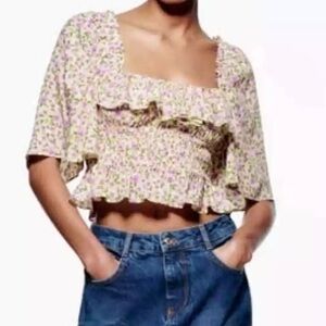 ZARA Floral Print Top Vibrant Smocked Bora Crop flowy sleeve sz Lg